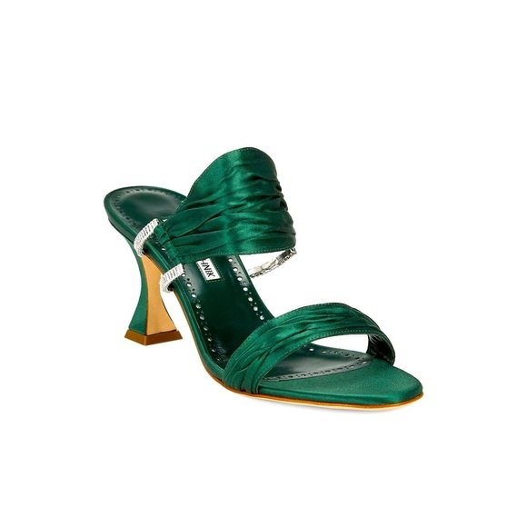 Manolo Blahnik Dark Green Gathered Satin Chinap 70mm open toe mules EU 37.5 - Picture 1 of 12